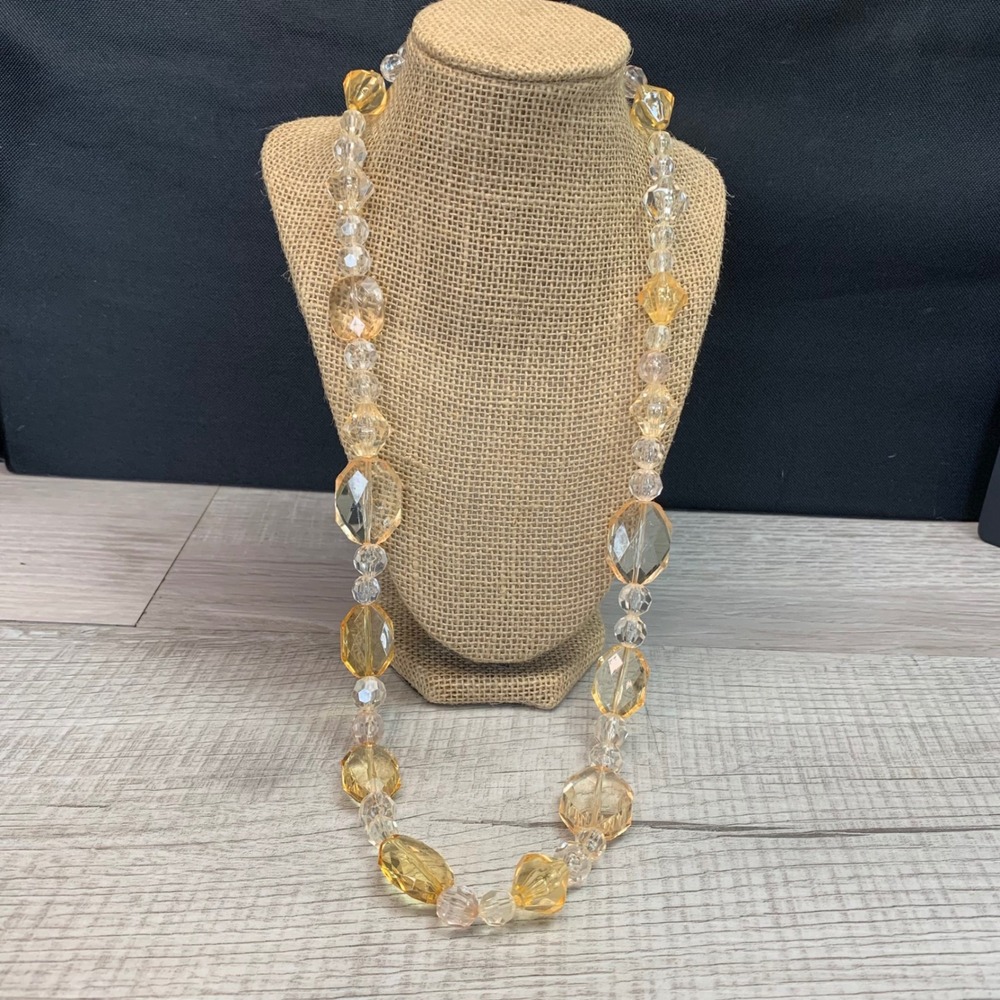 Vintage Style Amber Honey Clear Faceted Beaded Necklace 30 Inch Long 5468